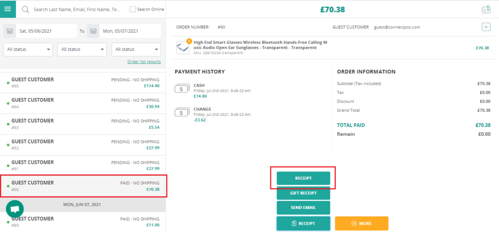 Handling Receipts: Print & Email Receipt