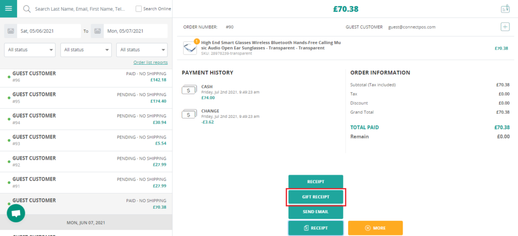 Handling Receipts: Print & Email Receipt